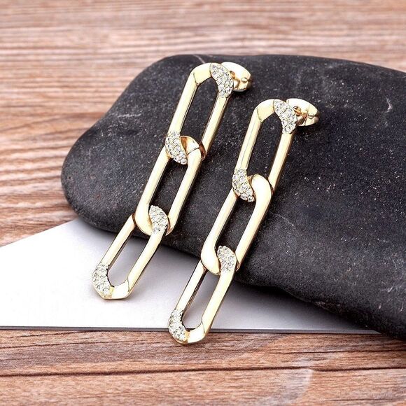 Brand New Gold Chain Link, Pave Detail Stud Dangle Earrings - Picture 3 of 8